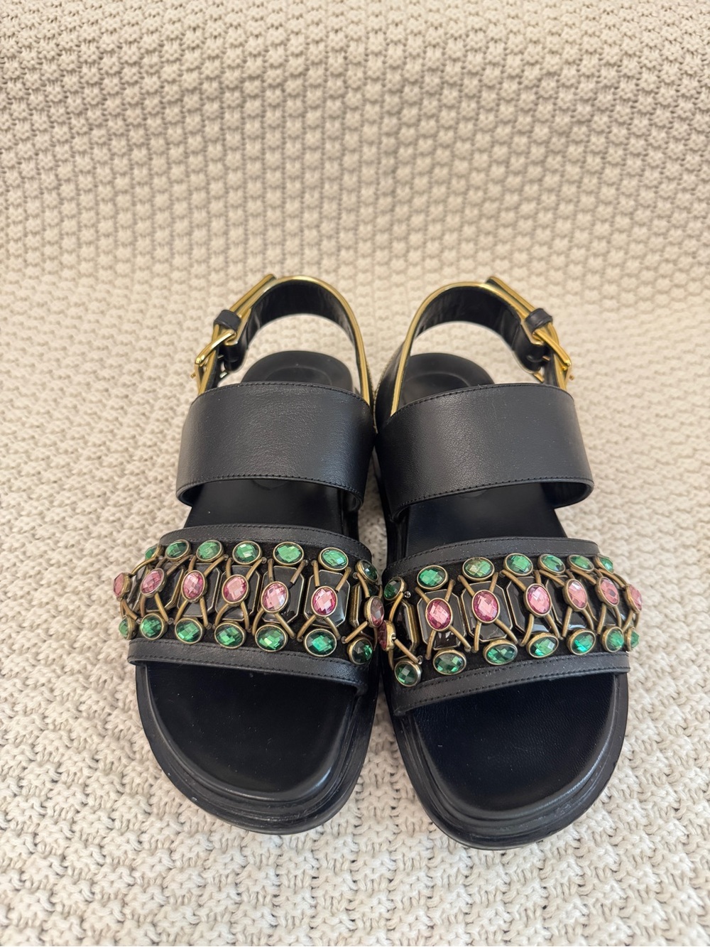 Marni Black Leather Jeweled Slingback Sandals with Green and Pink Gems